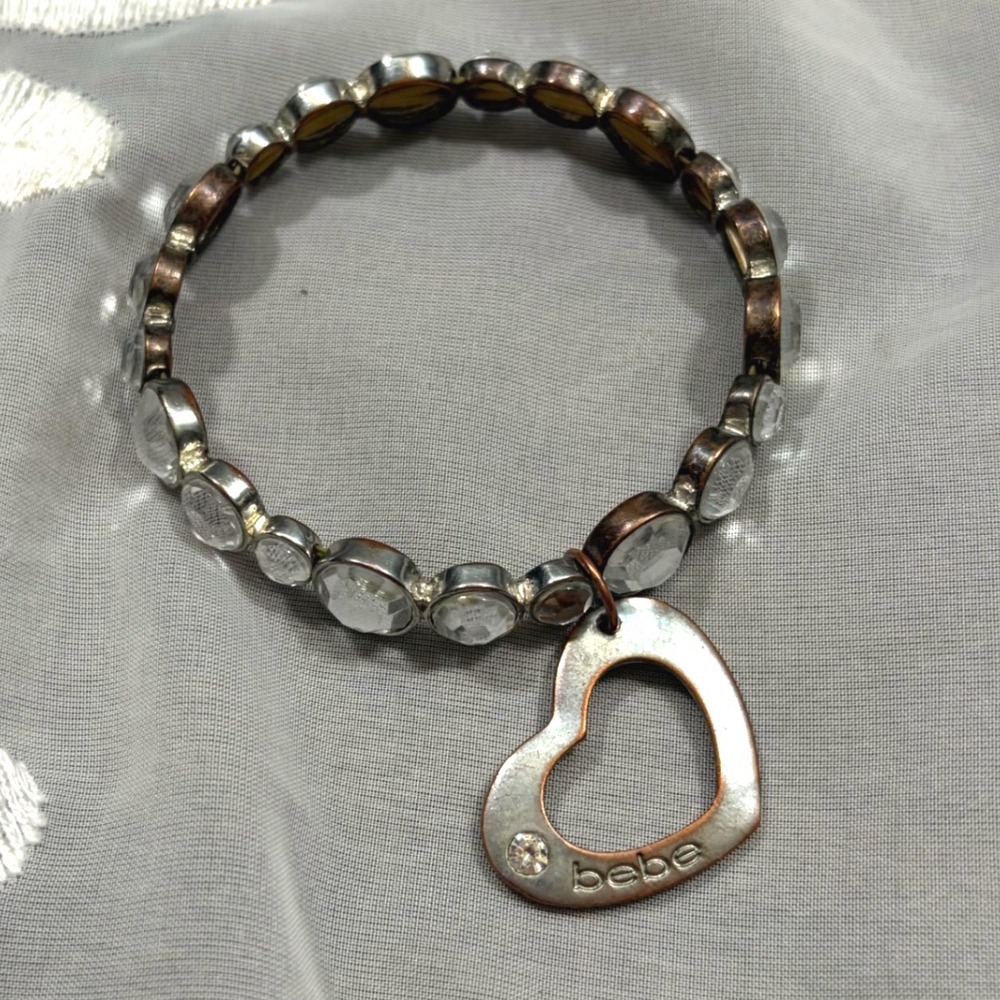 Y2K Mcbling Bebe Silver Tone Crystal Stretch Bracelet with Open Heart Charm Logo